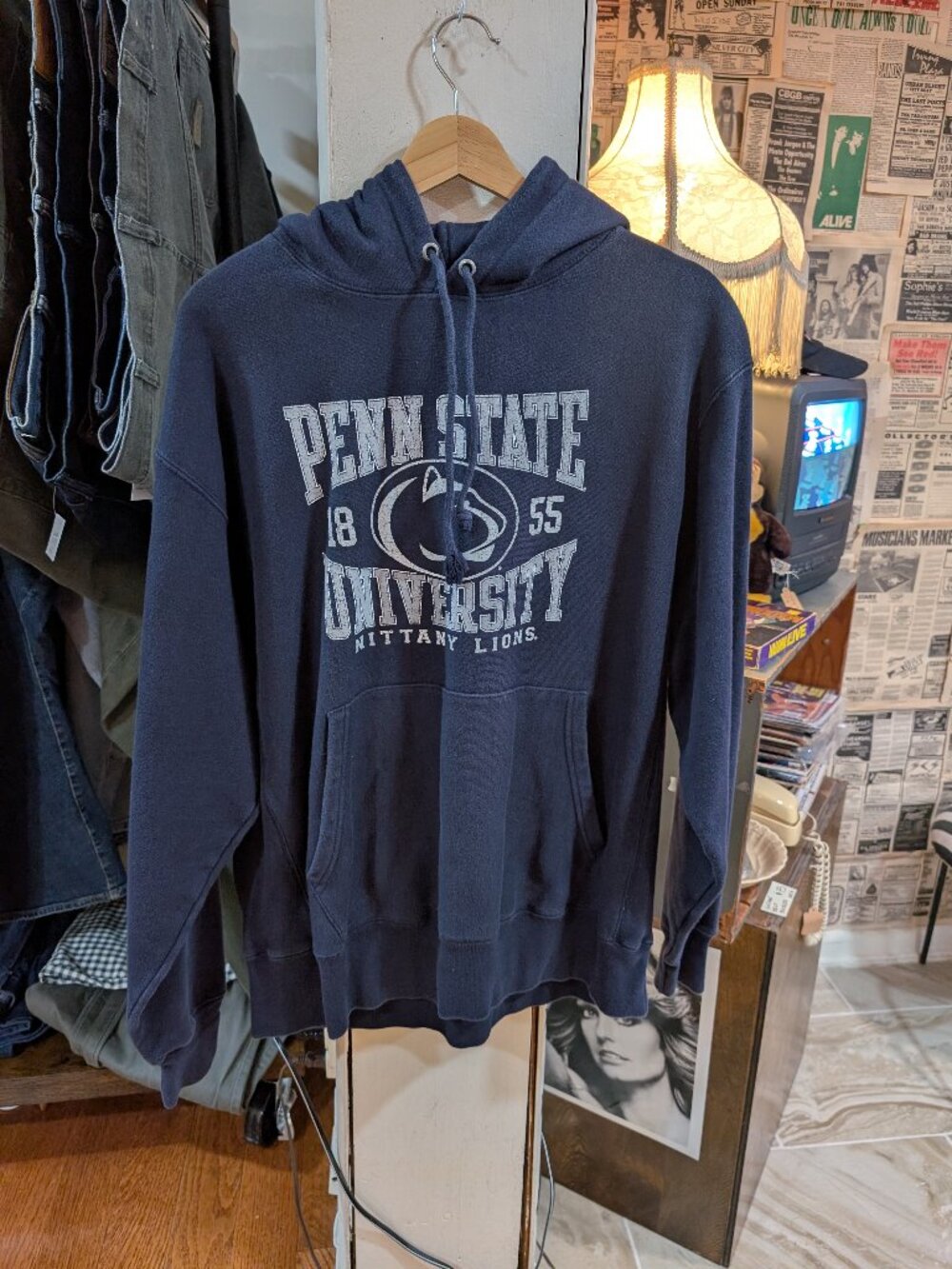 Penn State University Champion Reverse Weave Navy Blue Hoodie Men's Large
